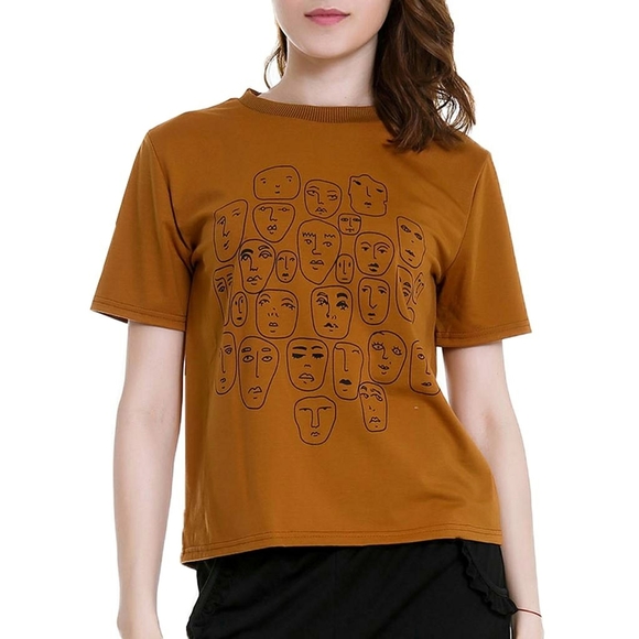 Character Face Pattern Round Neck Short Sleeve Casual T-Shirt - Picture 1 of 4